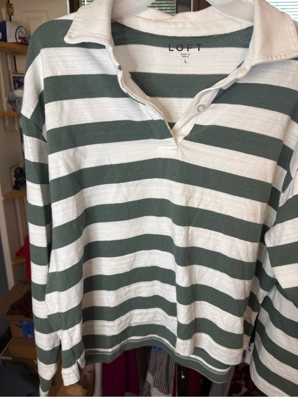 LOFT Green & White Striped Rugby Polo Shirt
